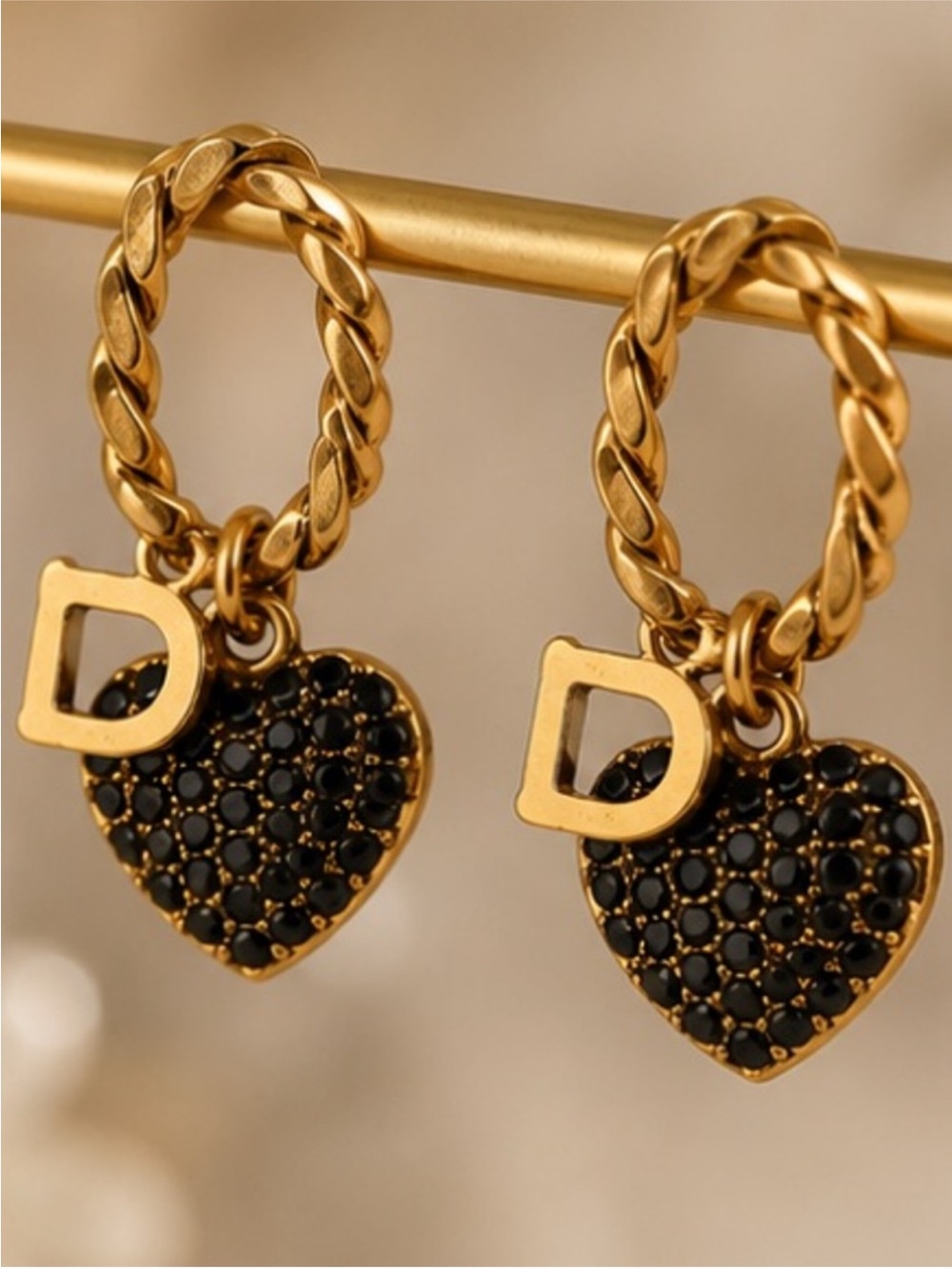 Designer Inspired Delicious Gold Hoop Earrings with Black Heart Pavé